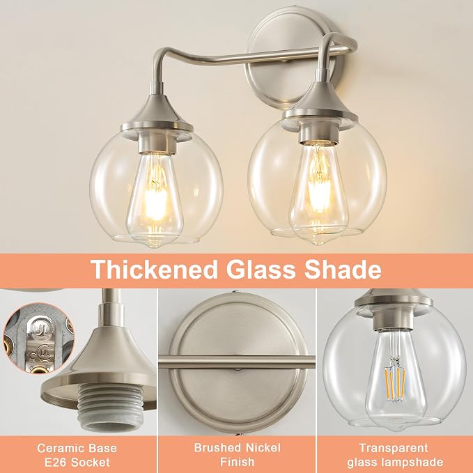 Bathroom Light Fixtures 2-Light Brushed Nickel Vanity Light 14" | Farmhouse Vanity Lighting Fixtures Over Mirror, Thickened Clear Glass Shade, UL E26 Dimmable Vanity Light Fixtures