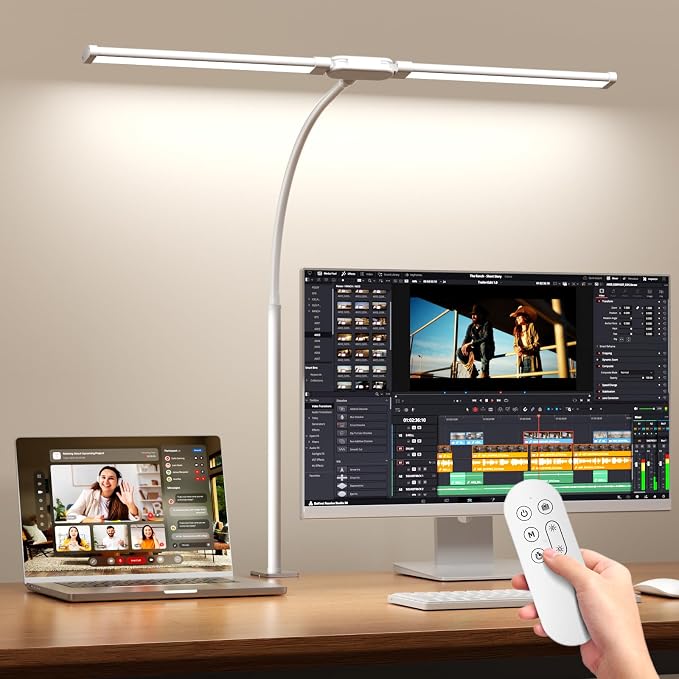 LED Desk Lamp with Clamp - Double Head Desk Light with Remote and Touch - Eye Protection - 12 W, 5 Color Modes, Timer and Memory Function, Flexible Gooseneck - for Office, Reading - White