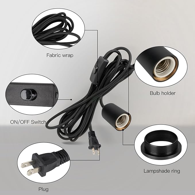 Plug in Pendant Light Cord with Switch,Braided Hanging Lamp Kit with Ceramic Bulb Socket,DIY Lamp Shade Replacement Cord,Swag Light kit Fixture Fabric Wrapped Cable 15ft Black
