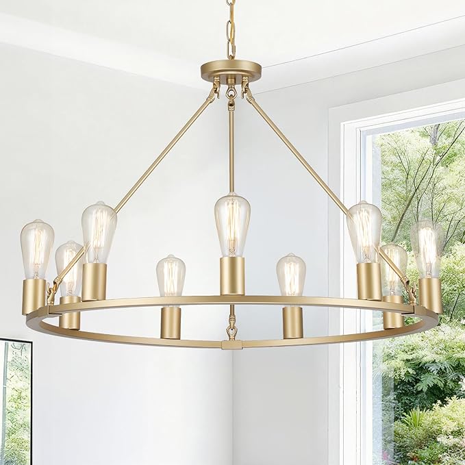 9-Lights Gold Chandelier | Dia 32'' Farmhouse Wagon Wheel Chandelier | Rustic Hanging Dining Room Light Fixture | Apply to Living Room | Kitchen Island | Entryway | Foyer