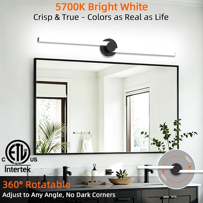 Bathroom Lighting Fixtures Over Mirror: 40 Inch Rotatable Bathroom Vanity Light ETL Listed - Modern Black Vanity Lighting Fixtures 5700K Cool White 3700LM 45W IP44 - LED Vanity Light Dimmable(2 Pack)