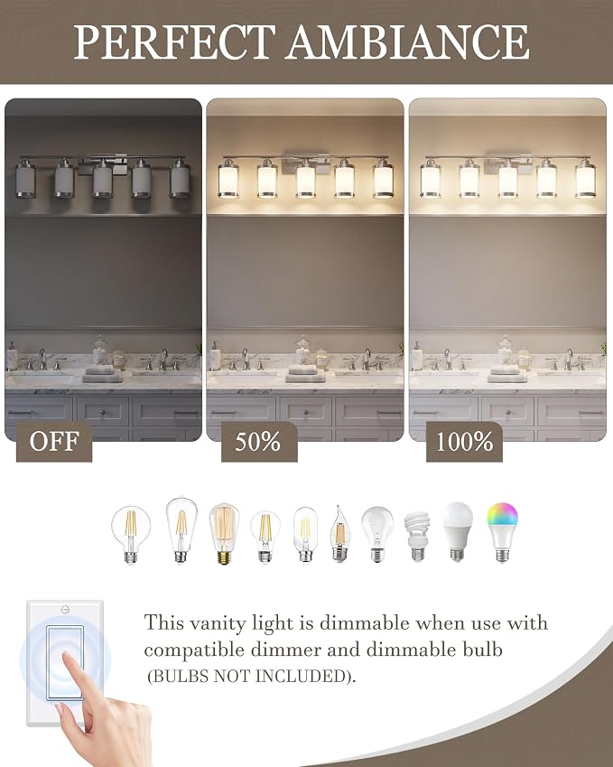 5-Light Brushed Nickel Bathroom Light Fixtures Over Mirror with Frosted Milk Glass and Metal Cage Shade, 38" UL-Listed Modern Farmhouse Wall Sconce for Bath, Hardwire E26, OS-3014BNW-5W