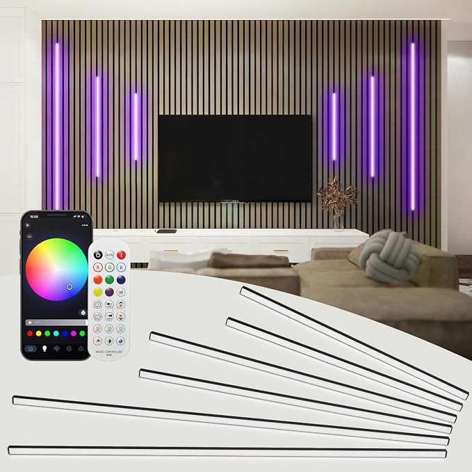 SHUNLEE 6 Pcs RGB Smart Recessed Lighting for Acoustic Panels, WiFi LED Lights for Acoustic Wall Panels Compatible with Alexa, Self-Adhesive Black Aluminum for Wood Slat Wall (2*28+2*16+2*13 in)