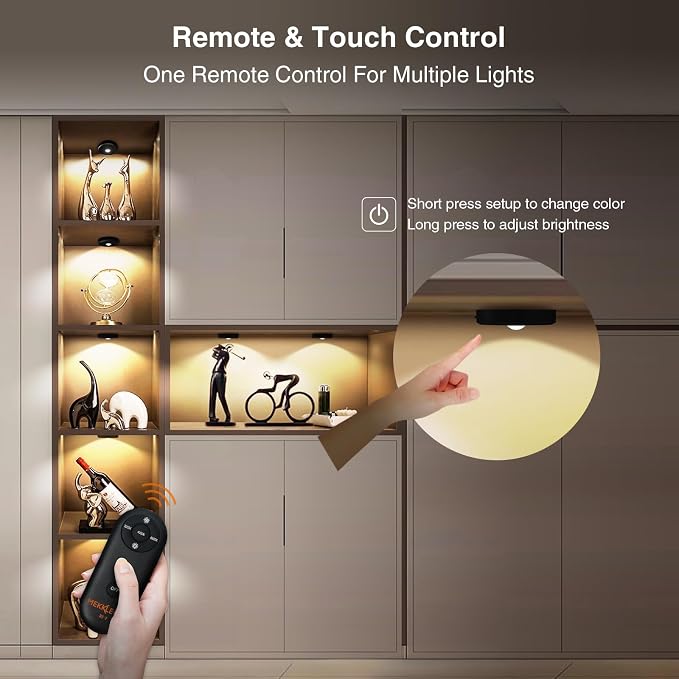 Puck Lights with Remote Control,Under Cabinet Lighting,black,5PCS | 2200mAh Rechargeable Push Light,3 Color Temperatures Dimmable Under Cabinet,Closet Light,Tap Light for Shelf,Bookcase