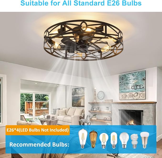 Depuley Flush Mount Ceiling Fan: 24" Caged Ceiling Fans with Remote Control for Patio Kitchen Bedroom - Low Profile Fandelier Lights Fixture Reversible 6 Speed Timer Black 6*E26 Bulb Not Included