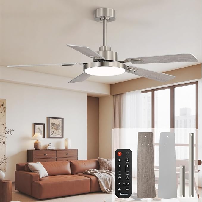 Conciseer 52 Inch Ceiling Fans with Lights and Remote for Bedroom Living Room Kitchen Office, Indoor/Outdoor Use, 6CCT Dimmable, 5 Blades, 6 Speed Reversible Quiet DC Motor, Sand-nickel/Wood Grain