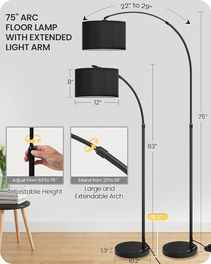 75" Arc Floor Lamp with Marble Base and Adjustable Height, Rotating Hanging Shade, Dimmable Floor Lamp for Living Room with Remote and Foot Switch, 3 Color Temperature, Black B15LD05