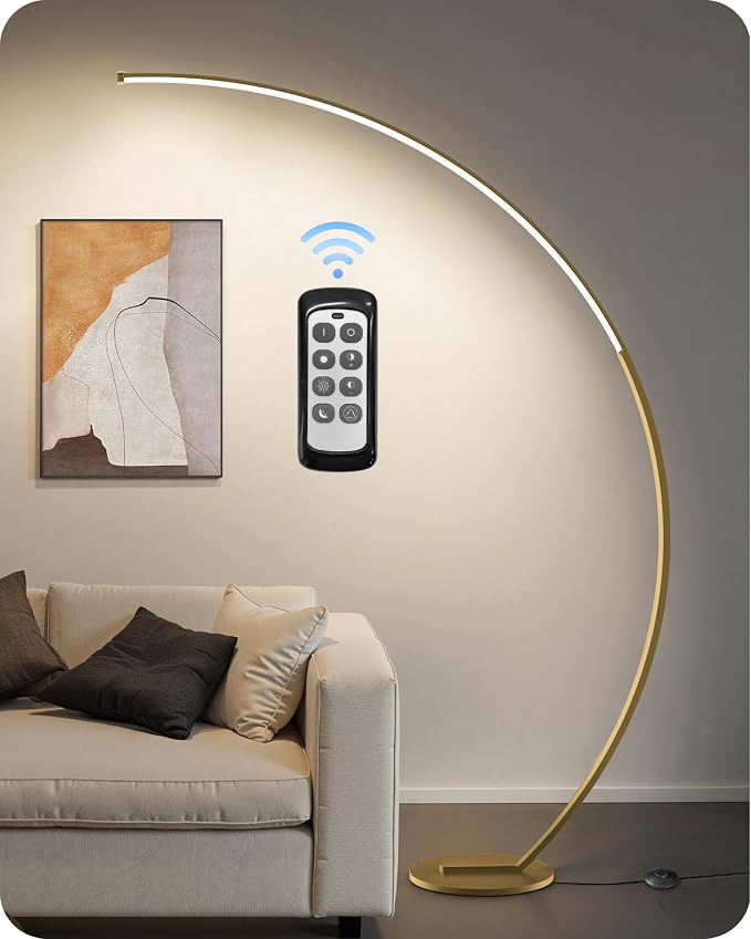 75 inch Dimmable LED Arc Floor Lamp for Living Room with Foot and Remote Control, 3 Color Temperatures, 3000K-6000K Whites, Stepless Dimming,Gold D62LD05