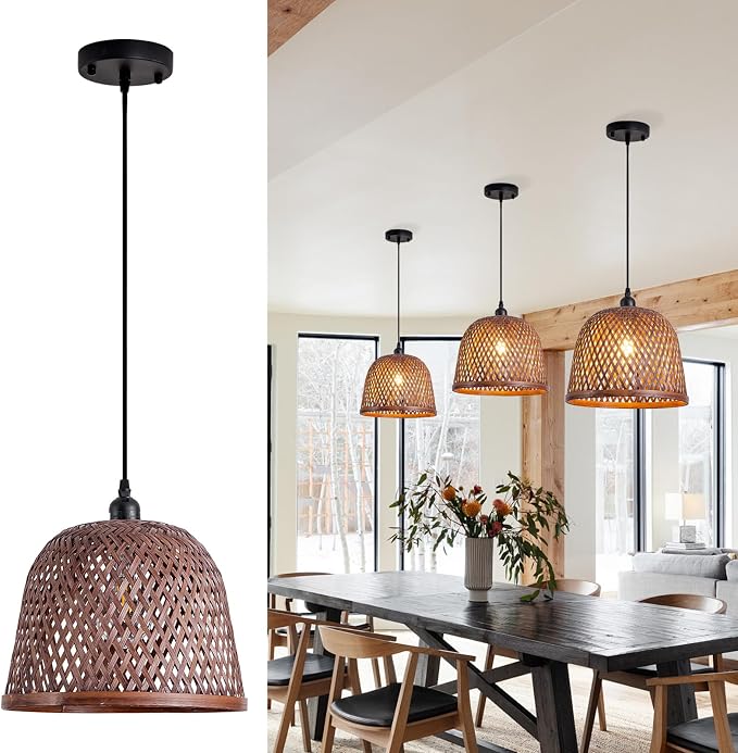 3-Pack Bamboo Pendant Light,Mini Brown Rattan Chandelier | Boho Curry Bamboo Rattan Pendant Lights,Hand Woven Rattan Chandelier for Kitchen Island Dining Bedroom Living Room