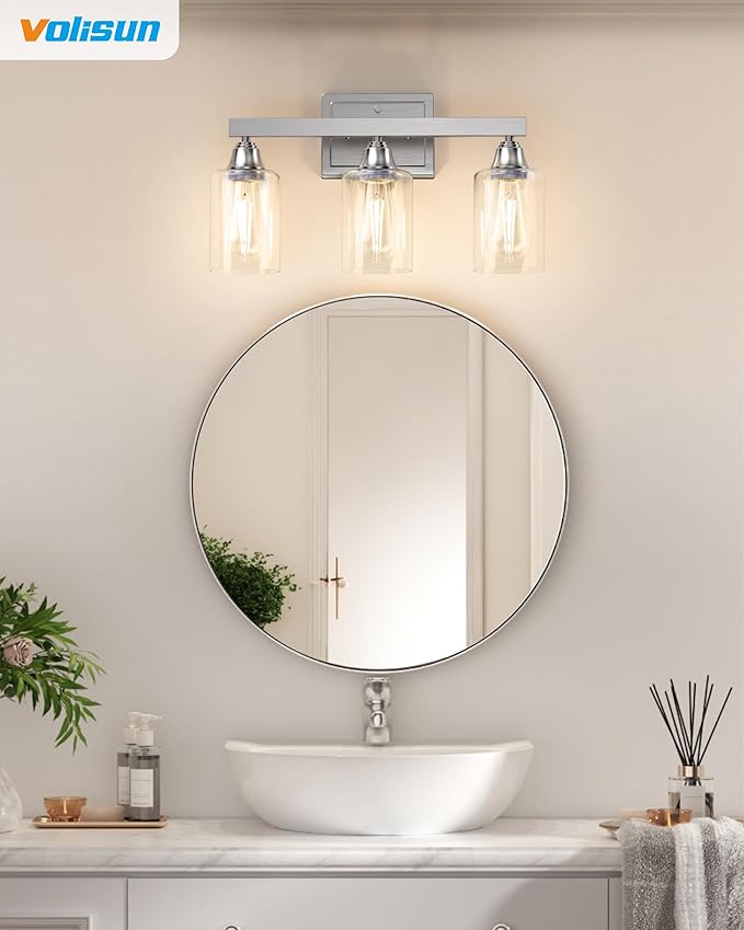 VOLISUN Brushed Nickel Bathroom Light Fixtures, 3-Light Bathroom Vanity Light Over Mirror, Modern Vanity Lights for Bathrooms, Bathrooms Lights Fixtures Over Mirror with Clear Glass Shades