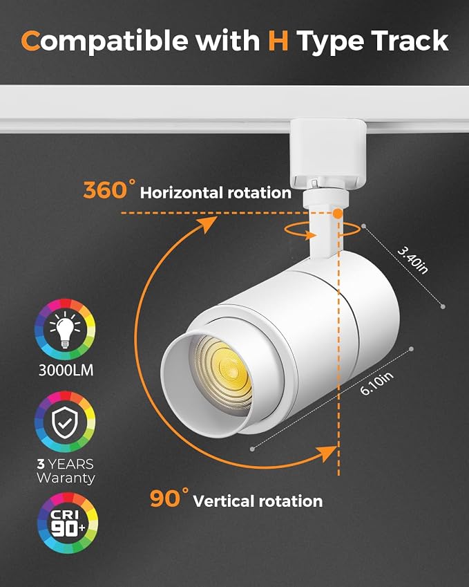 VANoopee 3-Color Zoomable 30W LED Track Lighting Heads H Type Track Light Heads Dimmable Bright Ceiling Spotlight Fixtures for Shop, 3000K 4000K 5000K Adjustable, CRI90+ 15°-60° 3000lm White 4 Pack