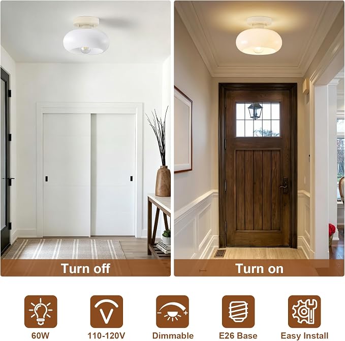 WOKNOS Mid-Century Modern Cream White Semi Flush Ceiling Light 8.66 Inch | Mini White Glass Shade Close to Ceiling Lighting Fixture For Kitchen Entryway Hallway Bathroom Closet Bedroom Laundry Room