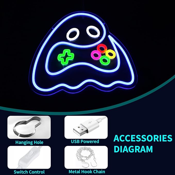 Ghost Neon Sign, JGHTURIE Gamer Neon Signs for Wall Decor Gaming Light Up Blue Led Sign USB Powered Game Room, Man Cave Decor