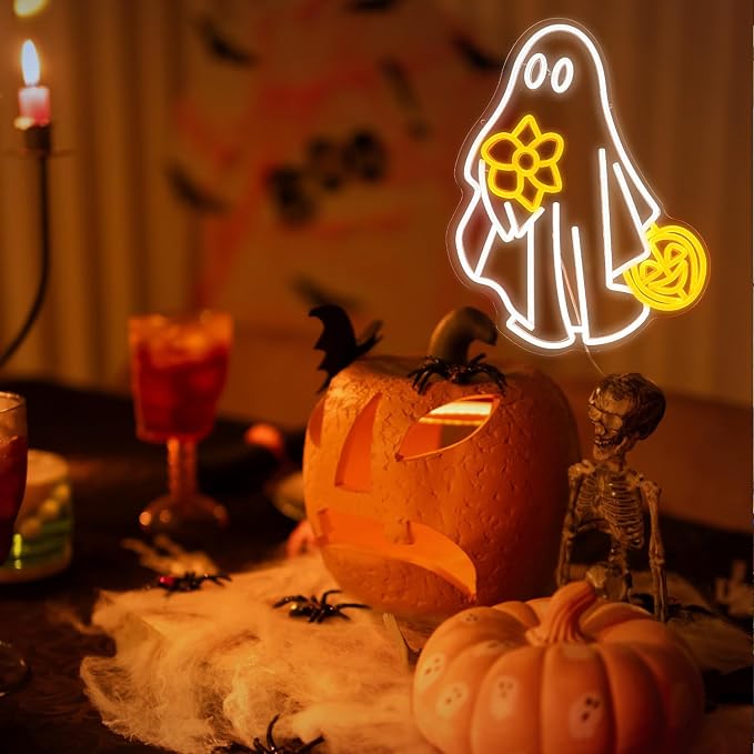 Ghost Neon Sign for Wall Decor Dimmable USB Powered Pumpkin Led Light sign Halloween Ghost Neon Light for Halloween Party Game Room Neon Decor (Yellow White)