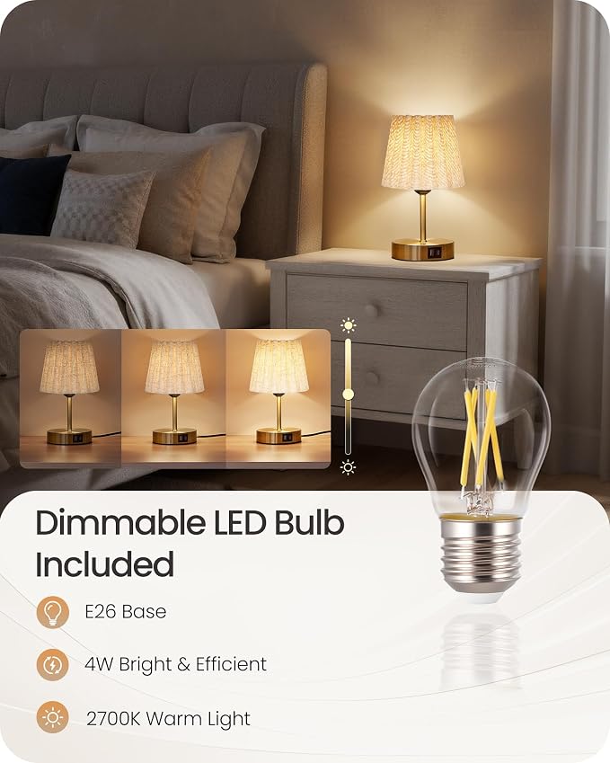 Small Bedside Table Lamps Set of 2, Touch Dimmable Table Lamps with USB Ports, Nightstand Lamps with 2 Stepless Dimming LED Bulbs, E26 Base, for Bedroom, Study, Gold and Beige DE16TLP205