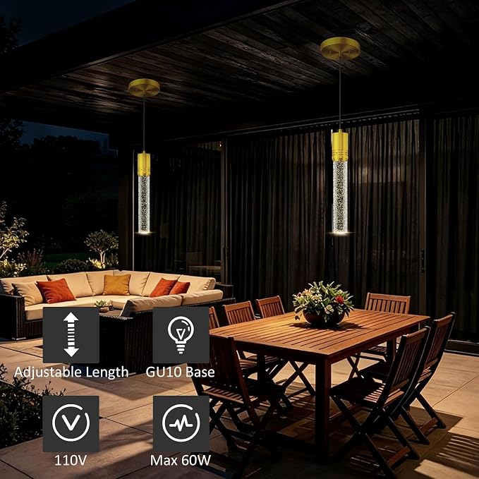 Gold Pendant Lights Kitchen Island, Crystal Bubble Pendant Lights, Adjustable Modern Pendant Light Fixtures for Dining Living Room Bedroom 3 Pack
