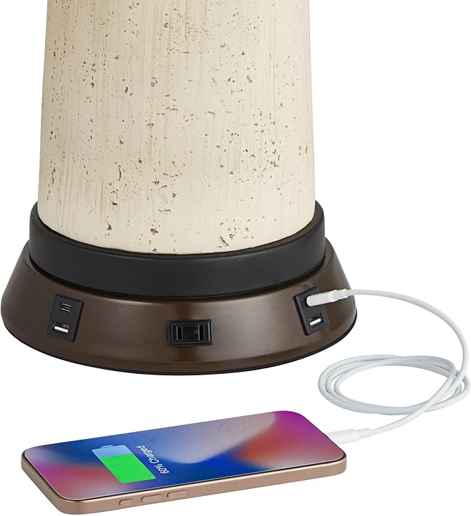 Buckhead 22" High Table Lamp Brown USB Workstation Base Warm Bronze Urn | Geometric Charging Ports and AC Power Outlet Living Room Bedroom Bedside Nightstand House Office Home Tapered Drum Shade