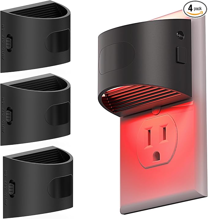 L LOHAS LED Motion Sensor Night Light, Night Lights Plug into Wall, 4 Pack | Nightlight with Dusk to Dawn & Motion Detection Sensor, 30-100Lm Adjustable Brightness, Red Light, Black Housing
