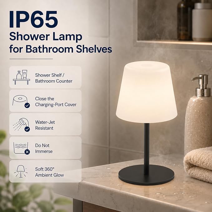 IP65 Waterproof Shower Lamp, Cordless Rechargeable Table Lamp, Black | Bathroom To Bedside Glow, Touch-Dim Comfort, 4000mAh USB-C Ease, 12-24H Light, 3 Light Moods, 2-Height Fit