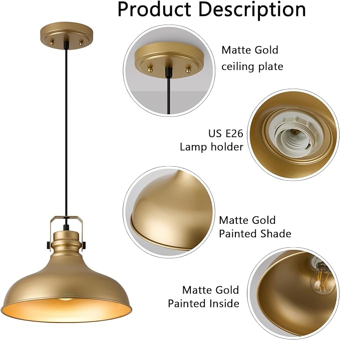 Gold Modern Pendant Lights Kitchen Island Fixtures | ETL Certificate,Industrial Adjustable Height Vintage Dome Hanging Light Fixtures for Barn,Dining Room 3 Pack