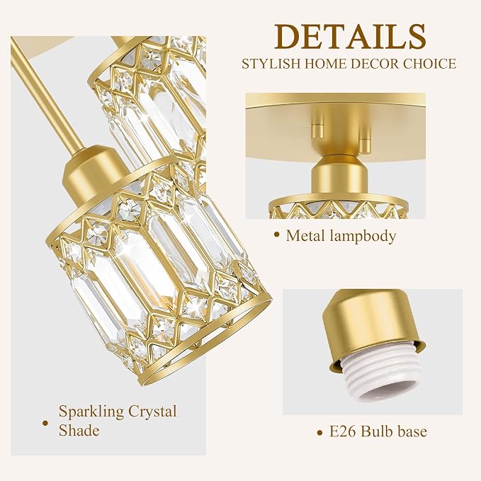 Gold Crystal Ceiling Light Fixture, 3-Light, E26 | Modern Semi Flush Mount Ceiling Light, Kitchen Lighting Fixtures Ceiling for Hallway Bedroom Bathroom Laundry Room