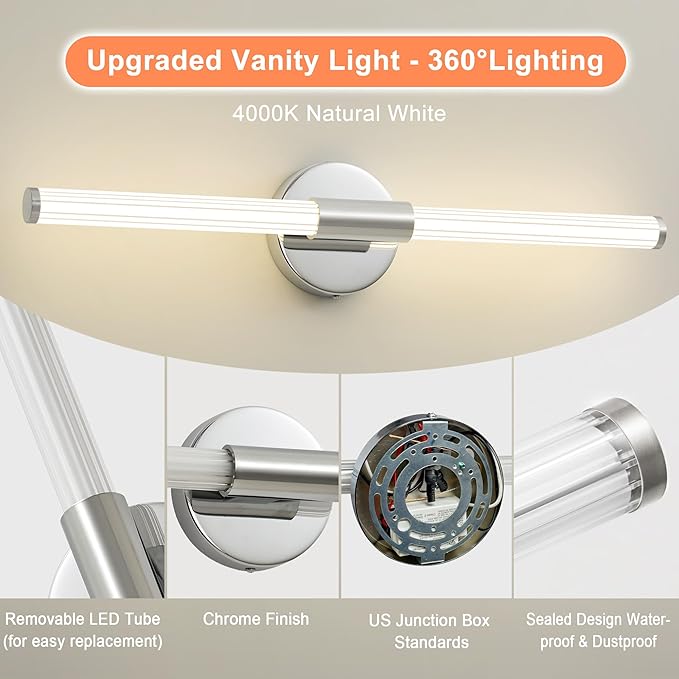 Bathroom Vanity Lights Chrome Dimmable LED 360° Full Lighting Bathroom Light Fixtures Over Mirror 23 inch Vanity Light Bar Hardwired Modern Wall Sconce 4000K Light for Bedroom Living Room