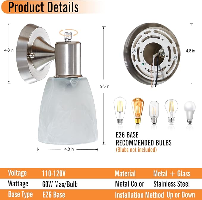 EJIAXIN Wall Sconces Set of 2, Brushed Nickel Vanity Lights for Bathroom, Modern Wall Light Fixtures with Rotary Switch, Wall Mount Light with Frosted Glass, Farmhouse Lamp for Bedroom Living Room
