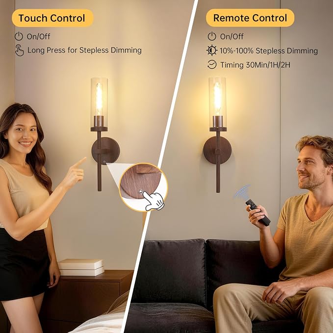 Shenmoyl Battery Operated Wall Sconces Set of 2, Walnut Color Rechargeable Wall Lighting Fixtures, Dimmable Wall Lights with Remote & Clear Glass Shade for Living Room, Bathroom,Bedroom