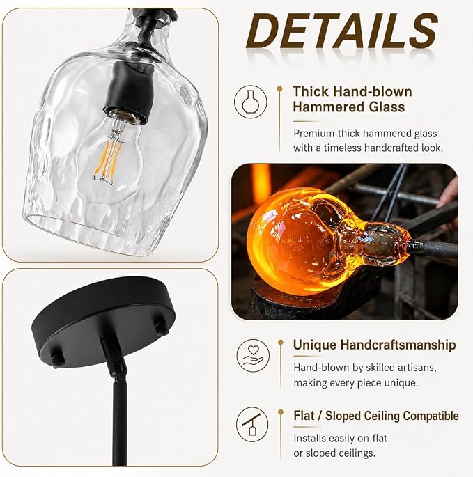 Black Pendant Lights Kitchen Island, 1 Light Modern Kitchen Island Lighting with Hand-Blown Hammered Glass, Adjustable Hanging Pendant Lights for Kitchen, Sink, Entryway