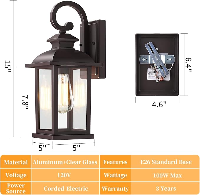 Brown 15" Outdoor Wall Light Fixtures 2-Pack | Anti-Rust Aluminum, Waterproof Exterior Porch Lights, Outside Sconce Wall Mount, For Garage, Porch, House