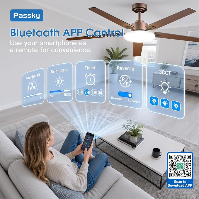 Passky 60 Inch Brown Sleek Ceiling Fans with Lights, Remote Control | 3-color dimmable light, quiet reversible DC motor, easy install, memory, Timer, APP, bedroom, covered outdoor areas