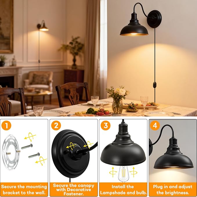 Lightess Plug in Wall Sconces Set of 2, Black Lamp with Cord Dimmer Switch | Gooseneck Farmhouse Style, Dimmable Switch Easy Brightness Control, Rustic Industrial Barn Style Fits Indoor Household Decor