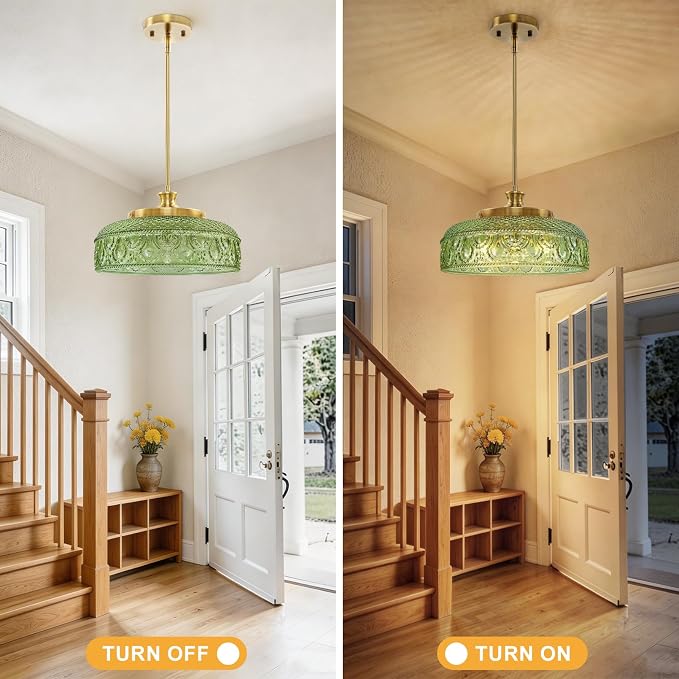 3-Light Pendant Light, Adjustable Pendant Lights Kitchen Island, Green | Farmhouse Pendant Ceiling Hanging Light Fixtures with Glass Shade for Living Room Corridor, Height Angle Adjustable, 3*E12