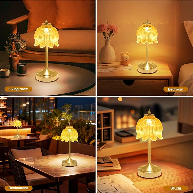 Cordless Table Lamp, Rechargeable Honey Gold Glass Lotus Flower Lamp | 5200mAh touch lamp with 3 color modes and stepless dimming, battery operated lamp for nightstands and kitchen counters