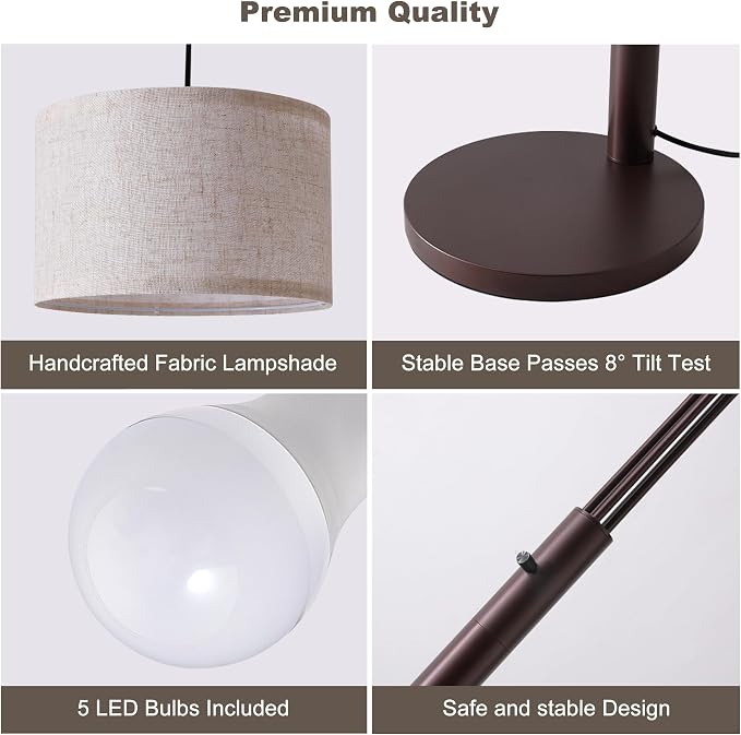 Dimmable Floor Lamp - Arc Floor Lamps for Living Room, 4000LM Super Bright Modern Tall Standing Lamp with Black Shades & Heavy Base, Mid Century Tree Floor Lamp for Bedroom Office