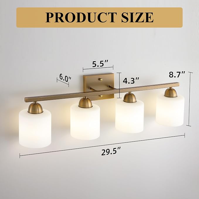 Mecgirn Milk Glass Vanity Lights for Bathroom, 4 Light Brass Bathroom Light Fixtures Over Mirror, Ceramic E26 Sockets Wall Mounted