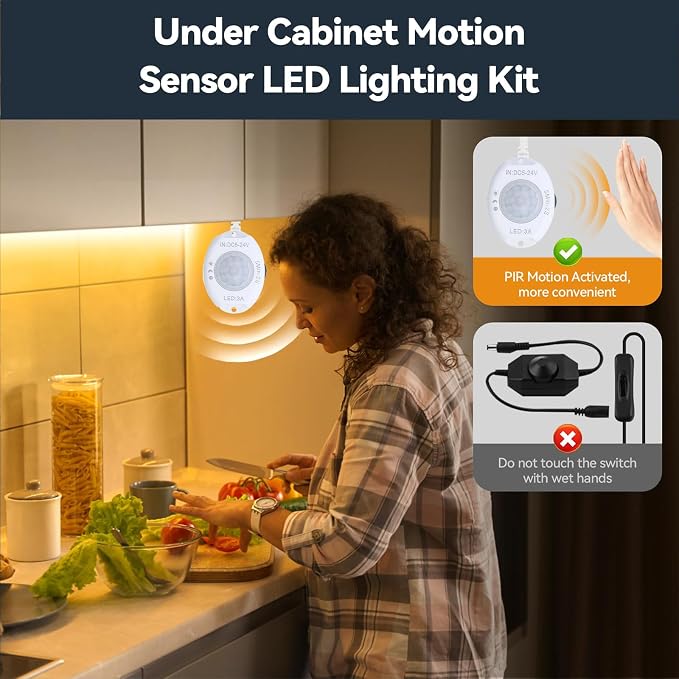 Under Bed Lights Motion Sensor COB LED Strip, 6.56Ft 3000K Warm Motion Activated LED Light Strip for Bedside, 24V Dimmable Motion Sensor Night Light COB Strip for Under Cabinet Stair Closet