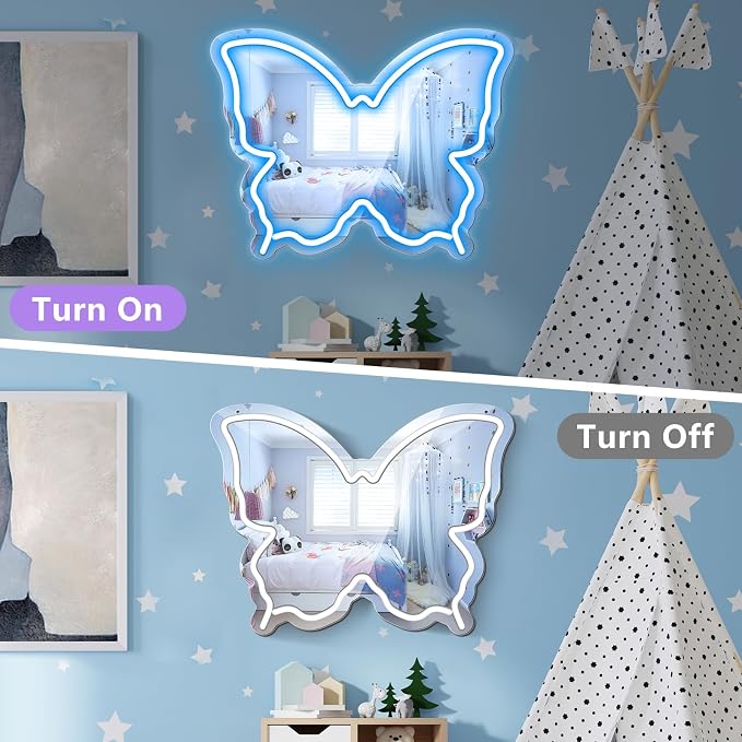 Butterfly Neon Sign Mirror, LED Neon Sign for Wall Decor, 15.7'' x 12'' Dimmable Neon Light for Teen Girls & Kids Birthday Party Gift, Neon Signs for Girl Room Decor, Wall Mirror, USB Powered (Ice Blue)