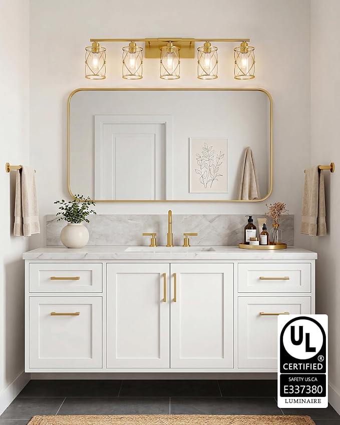 5-Light Brushed Gold Bathroom Light Fixtures Over Mirror, 38" UL-Listed Modern Wall Sconce Lights with Clear Glass and Metal Cage for Bath, Hardwire E26, CH9176BG-5W