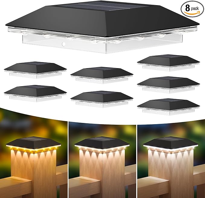 8 Pack 4x4 Solar Post Light, 3 Modes Wooden Vinyl Fence Cap, Black | 3 color temperatures, Waterproof LED Solar Post Lights, Patio Porch Decor, Only Fit Two True Size Post: 3.5''x3.5'', 4''x4''