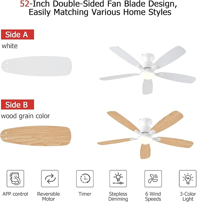 52inch Ceiling Fans with Lights, Low Profile White Ceiling Fan with Light and Remote/APP Control, DC Reversible Motor, Noiseless, Flush Mount Ceiling Fan for Bedroom Living Room Patios