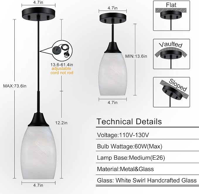Viinew Mini Glass Pendant Light,3-Pack White Oval Glass Hanging Light | Handblown White Oval Glass Lamp Ceiling,Art Glass Hanging Light,4.72" Small Chandelier for Dining Room Kitchen
