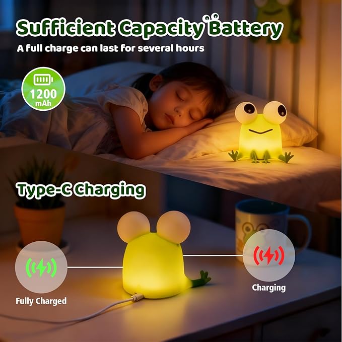 Frog Bedside Touch Night Light with Timer Dimmable 3 Brightness 7 Colors Small Cordless Table Lamp Warm Sleep Aid USB Rechargeable Portable Night Lamp for Nightstand Bedroom Living Room Home