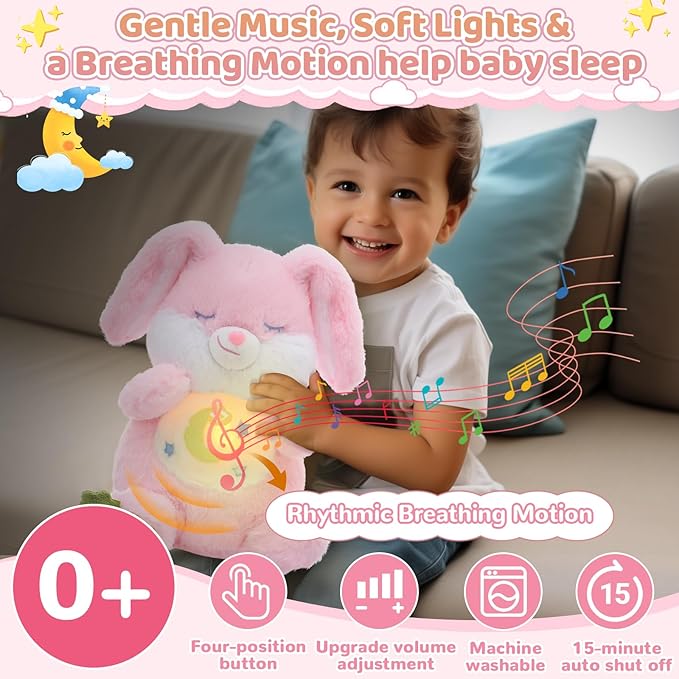 Breathing Stuffed Animal, Soothe Snuggle Pink Easter Bunny Stuffed Animal for Anxiety Adults and Kids, Volume Control Soothing Bunny Plush with Realistic Breathing and Lights, Easter Basket Stuffers