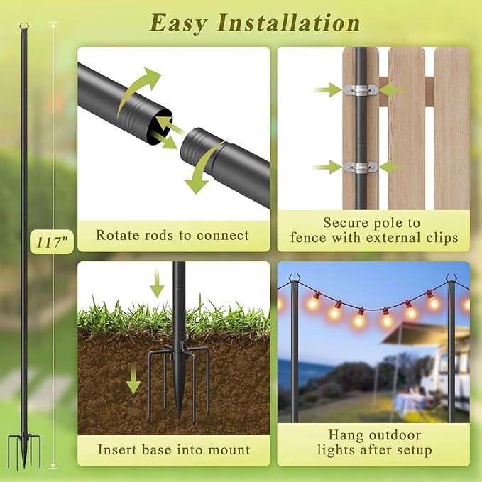 2 Pack String Light Poles for Outside, 10Ft Adjustable Outdoor Light Poles for String Lights, Outdoor Lighting Stand with Fork for Patio, Deck, Backyard, Garden, Party & Wedding