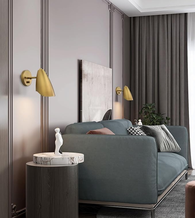 Modern Wall Sconce with Dimmer Switch, Brass Metal Wall Lamp Lighting, Adjustable Light Angle, E26 Bulb Base Reading Lighting for Wall Painting Bedroom Hallway Living Room Dining Room