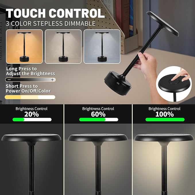 Cordless Rechargeable Modern Metal Table Lamp, Touch Dimming, 3-Color | Black 5200mAh Battery, Portable LED Desk Light, Touch Sensor, Suitable for Night Light/Restaurant/Night Stand/Coffee/Bar