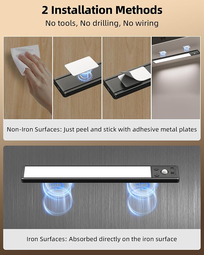 EZVALO Under Cabinet Lighting, 3500mAh Rechargeable Motion Sensor Light Indoor, 3 Color Temps, 5-Level Dimmable Magnetic Wireless Closet Lights for Kitchen, Stairs (Black, 2 Pack)