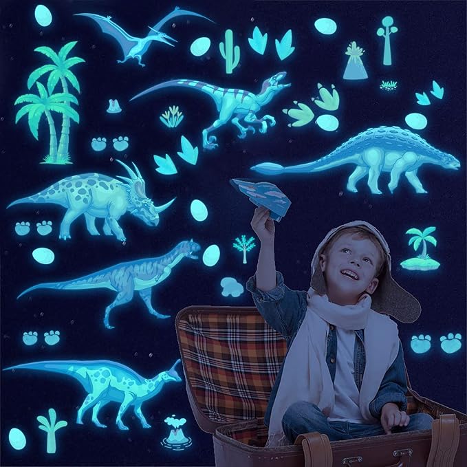 Glow in The Dark Dinosaur Wall Decals Dinosaur Room Decor for Bedroom | Glowing Self-Adhesive Stickers for Ceiling, Removable Wall Stickers Children's Room Stickers Boys and Girls Room Decoration