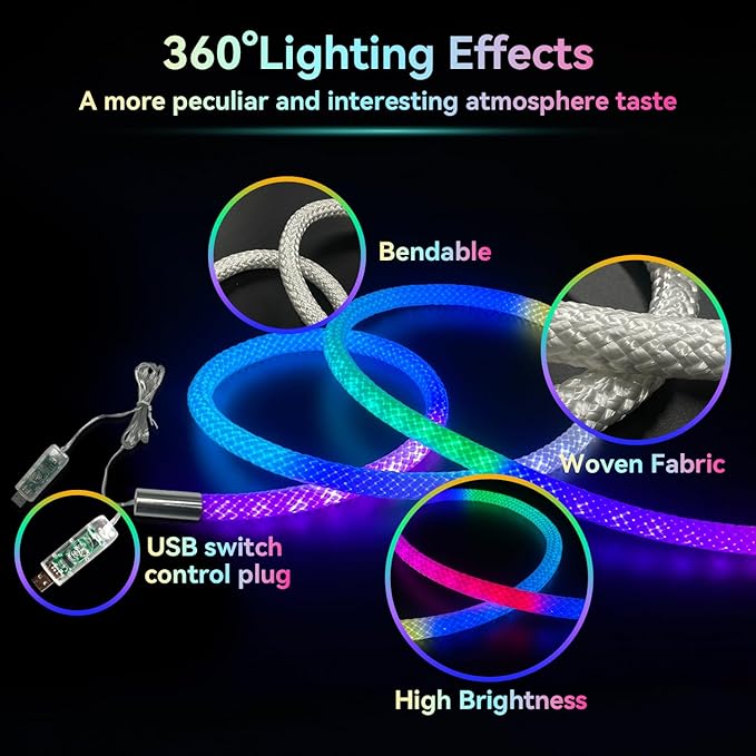 9.84ft LED Neon Rope Lights, Waterproof Music Sync Strip Lights with Remote & APP Control, USB-Powered Flexible Lighting for Christmas Halloween Decor, Gaming Room Bedroom Indoor Outdoor Decoration